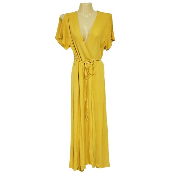Lulus Much Obliged Golden Yellow Wrap Maxi Dress Women's Size M - Picture 4 of 14